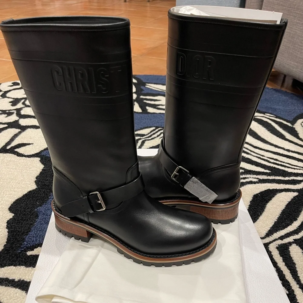 Sold! Christian Dior black embossed calfskin quest boots sz 37.5 - Picture 2 of 7